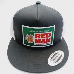 Red Man Patch Gray And White Yupoong Flat Bill Mesh Back Snapback Hat Cap